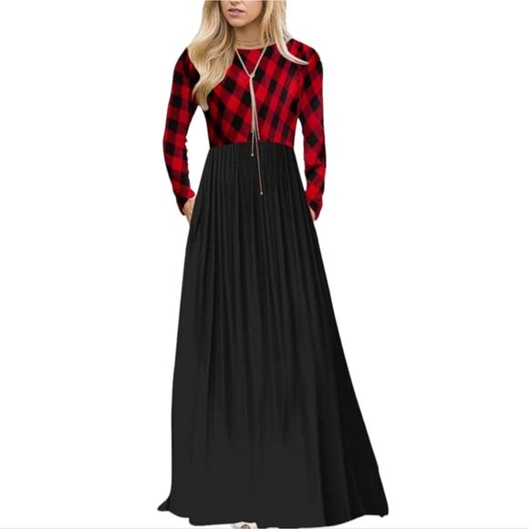 Red & Black Plaid Long Sleeve Maxi Dress with Pockets | Size Large - Picture 1 of 6